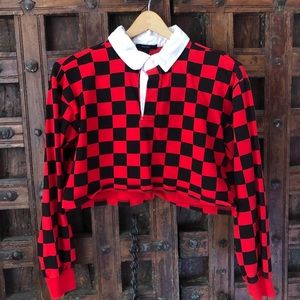 Red + Black Checkered Cropped Collared Shirt